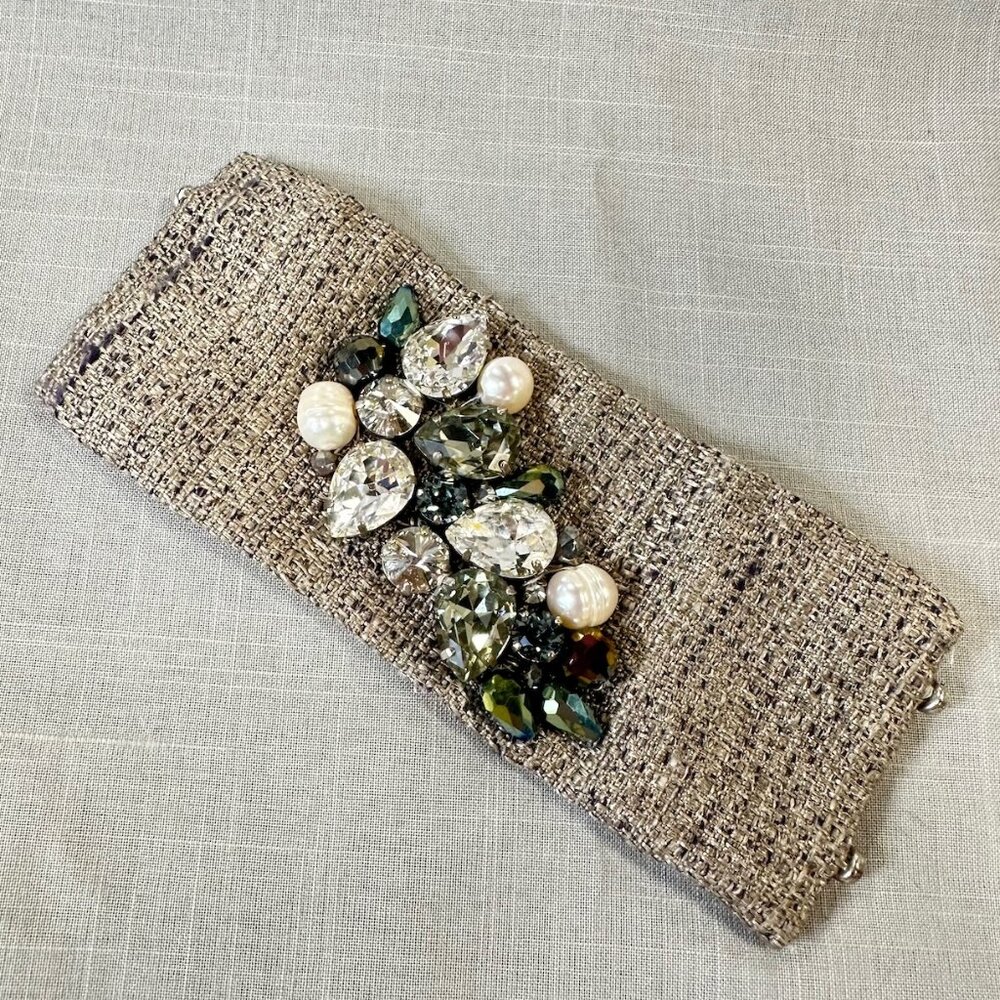 Fabric Scarf Cuff with Rhinestones and Pearls